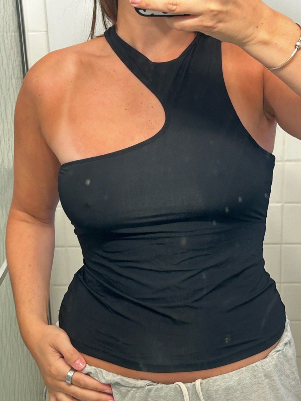 Asymmetric One-Shoulder Black Tank Top